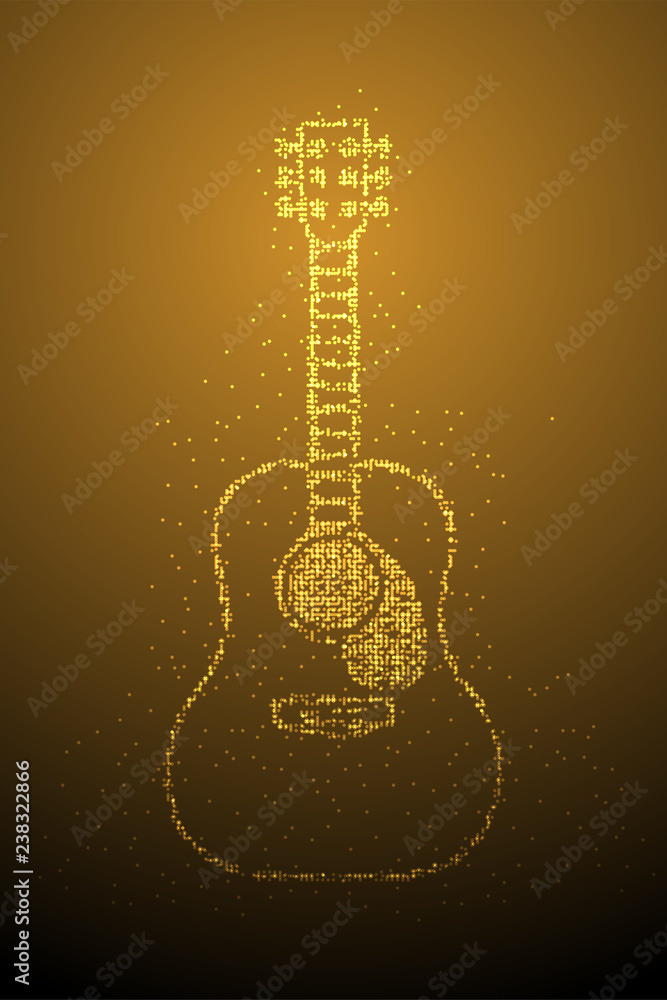 Abstract Geometric Bokeh circle dot pixel pattern Acoustic Guitar shape, music instrument concept design gold color illustration isolated on brown gradient background with copy space, vector eps 10 Abstract Geometric Bokeh circle dot pixel pattern Acoustic Guitar shape, music instrument concept design gold color illustration isolated on brown gradient background with copy space, vector eps 10