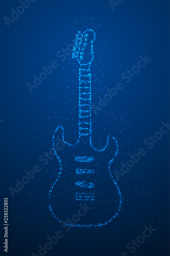 Abstract Geometric Bokeh circle dot pixel pattern Electric Guitar shape, music instrument concept design blue color illustration isolated on blue gradient background with copy space, vector