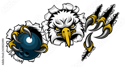 An eagle bird bowling sports mascot cartoon character ripping through the background holding a ball