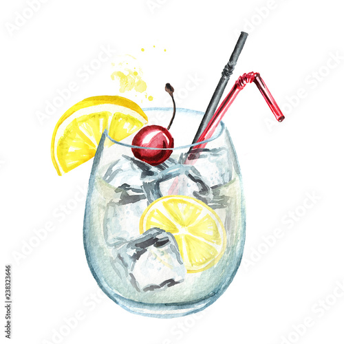 Tom Collins cocktail with cherry, lemon and ice cubes. Watercolor hand drawn illustration, isolated on white background