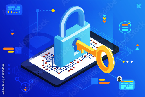 Mobile web security smartphone access isometric 3d key technology digital lock internet cyber protection icon vector illustration