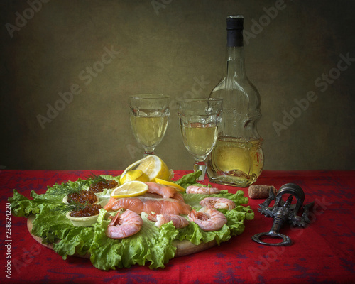 Still life with seafood and wine photo