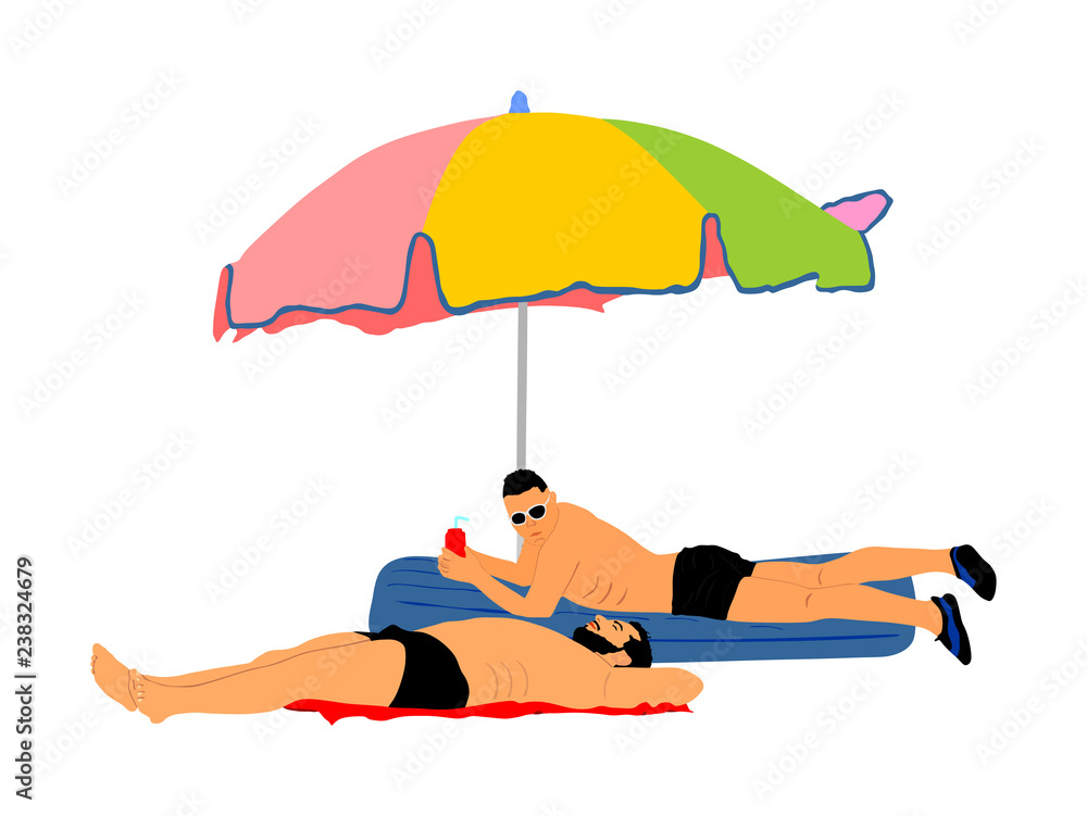 Two homosexual boys lying on beach vector illustration. Handsome gay man  sunbathing under parasol. Gay couple tenderness in public. Summer rest,  relaxing by the sea. Weekend get away outdoor paradise. Stock Vector |