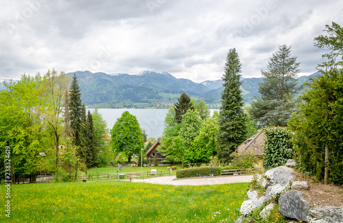 Beautiful gray clouds cover high mountains by the lake. Alpine meadow, beautiful, tall trees. Cute cows graze on the green grass in the yard of a farmer in the Alps.