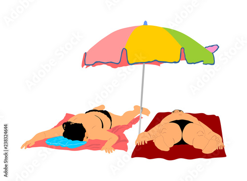 Happy senior couple sunbathing on beach under parasol vector illustration. Sexy suntan beach woman in fashion bikini. Summer time relaxing. Skin care sun protection. Fat man laying on sand. Honeymoon.