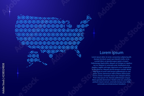 United States of America map abstract schematic from snowflake blue pattern decoration Christmas and Happy New Year with space stars for banner, poster, greeting card. Vector illustration.