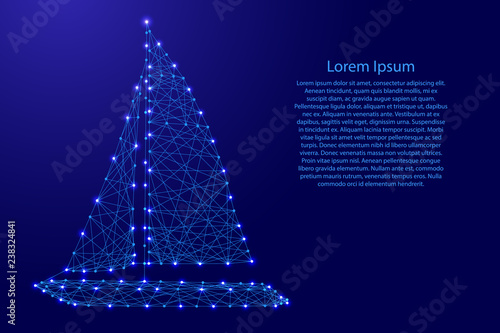 Yacht with sails from futuristic polygonal blue lines and glowing stars for banner, poster, greeting card. Vector illustration.