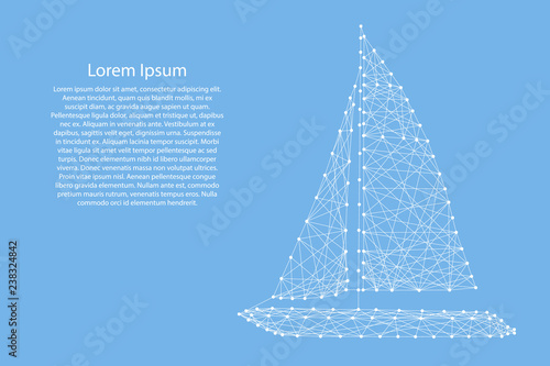 Yacht with sails from abstract futuristic polygonal white lines and dots on blue background for banner, poster, greeting card. Vector illustration.