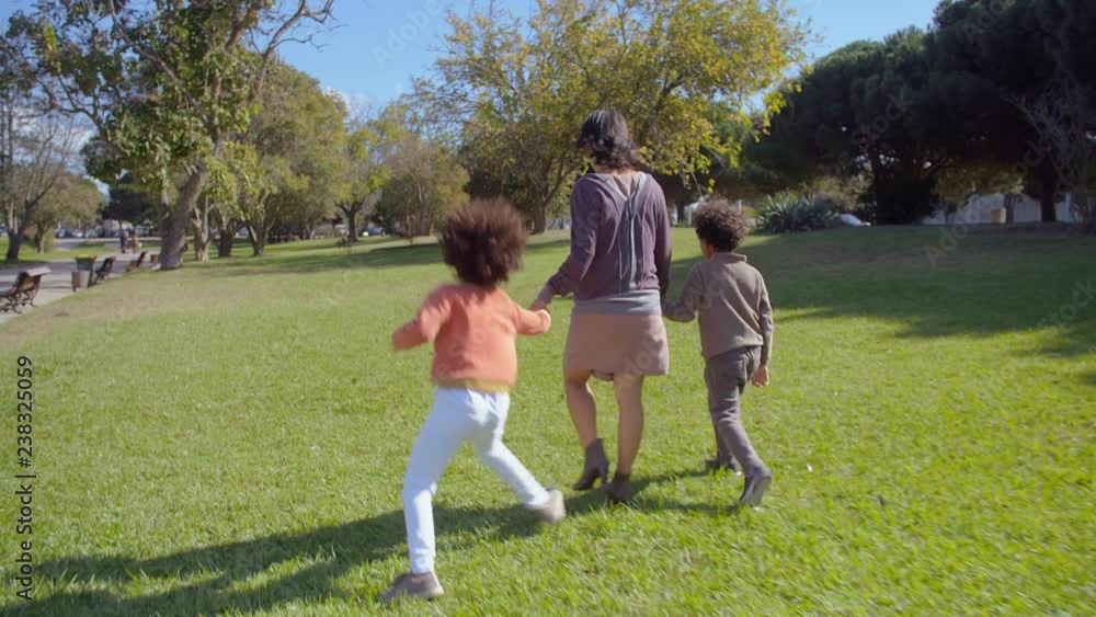 Happy Asian mother walking in park with Mixed race kids. Rear view of mom holding hands with daughter and son in slow motion. Family concept Happy Asian mother walking in park with Mixed race kids. Rear view of mom holding hands with daughter and son in slow motion. Family concept