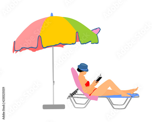 Young beautiful woman lying down on sun bed sofa lounge chair on holidays. Summer luxury vacation. Woman reading a book on the beach under parasol vector illustration, sunbathing by the pool. 