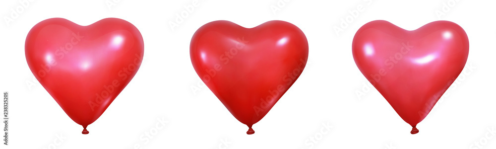 Red heart balloons. Realistic balloon decorations for Valentine's Day celebration. Set of helium heart balloons.