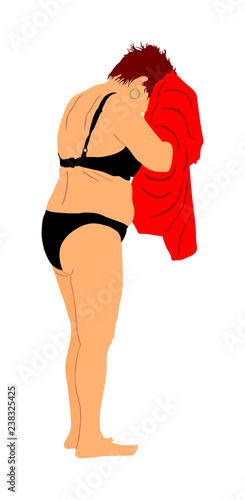 Mature woman on beach vector illustration, dries with towel after swimming and showering. Tourist in swimwear bikini vector. Active life. Skin care. Senior lady wiped off with towel after sunbathing