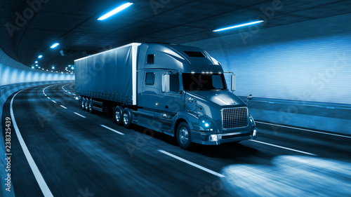 Trailer truck rides through tunnel with cold blue light style 3d rendering