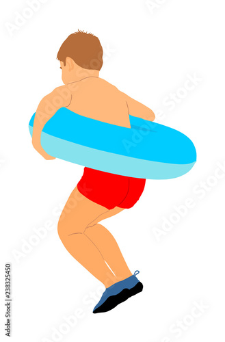Happy boy go to swimming with swim ring in life preserver, vector illustration. Boy on the beach or near the swimming pool. Slag for children or swim ring. Kid enjoy in summer holiday. Children fun.