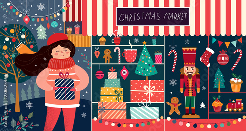 Vector illustration with girl and Christmas gifts. Christmas Market 