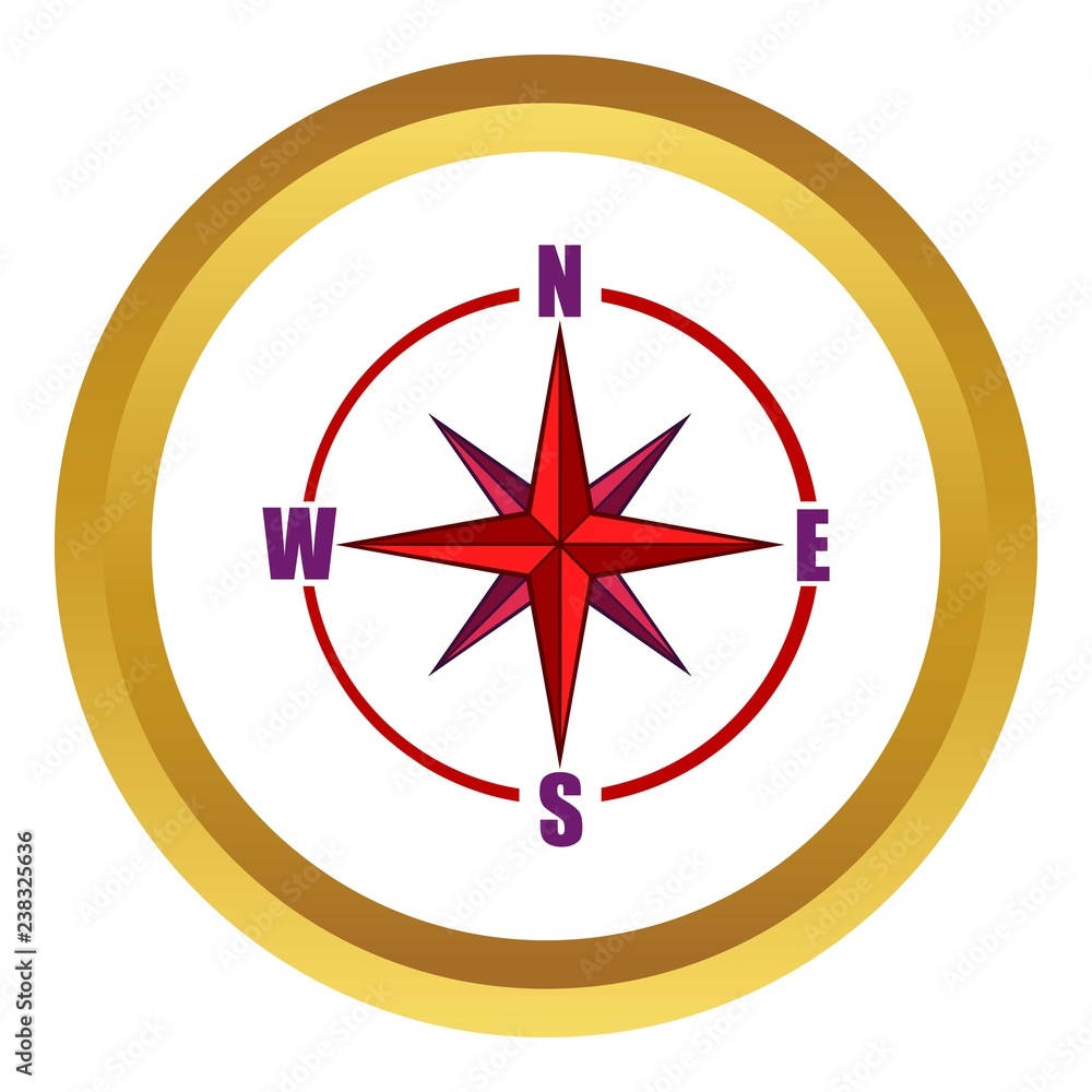 Red compass rose vector icon in golden circle, cartoon style isolated on white background Red compass rose vector icon in golden circle, cartoon style isolated on white background