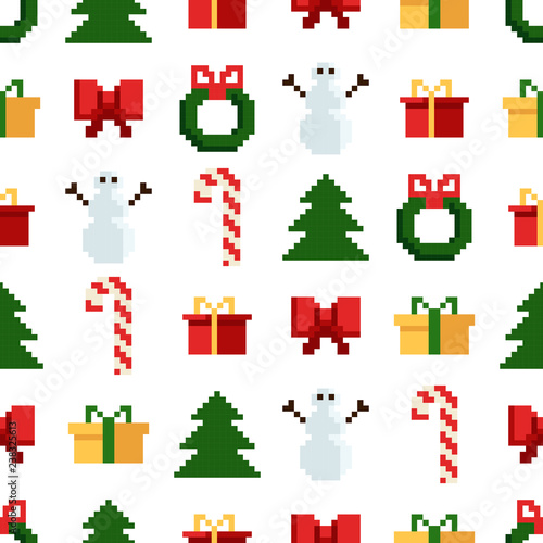 Colorful Pixel Pattern with Christmas Elements. Atcade games style © lolya1988