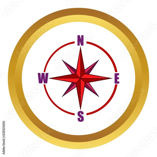 Red compass rose vector icon in golden circle, cartoon style isolated on white background