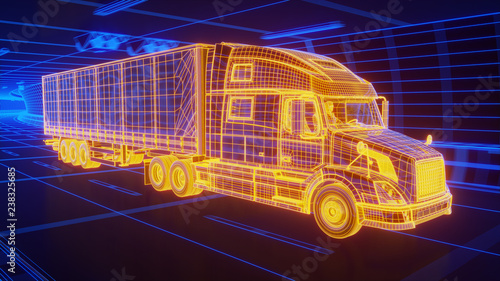 Yellow wireframe Trailer Truck rides through Blue tunnel 3d rendering