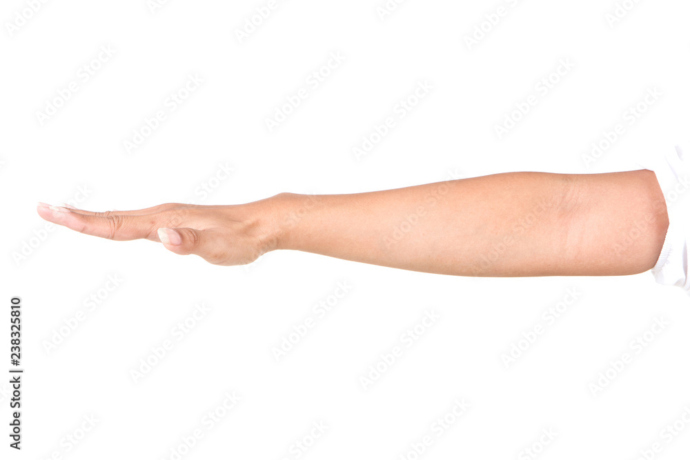 Female caucasian hand gestures isolated over the white background. Female caucasian hand gestures isolated over the white background.