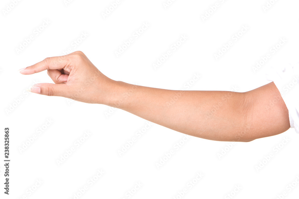 Female caucasian hand gestures isolated over the white background. Female caucasian hand gestures isolated over the white background.