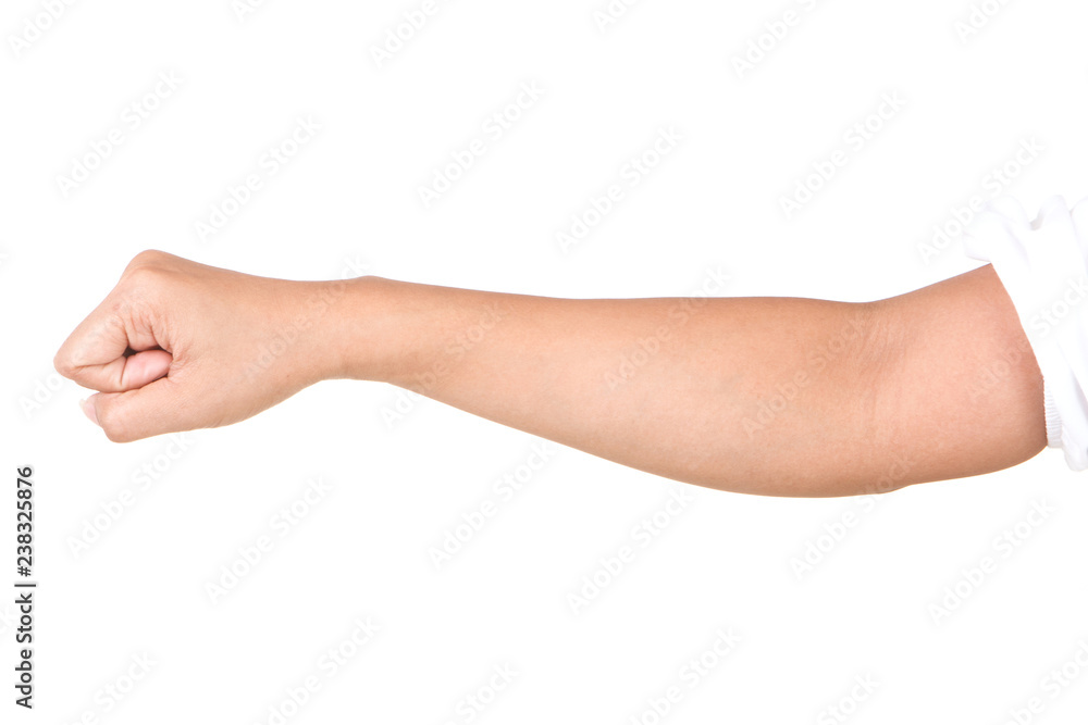 Female caucasian hand gestures isolated over the white background.