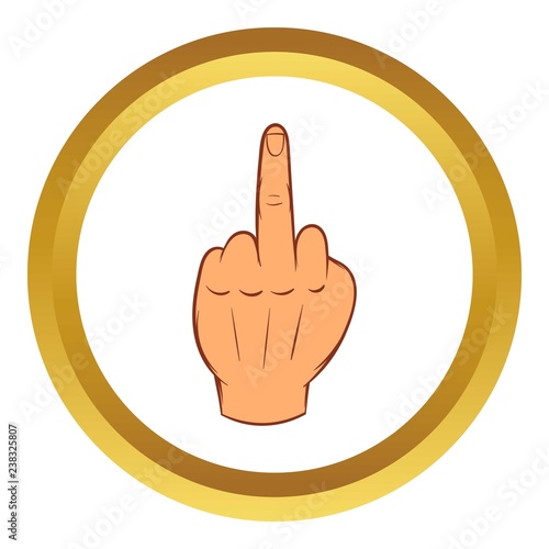 Middle finger hand sign vector icon in golden circle, cartoon style isolated on white background