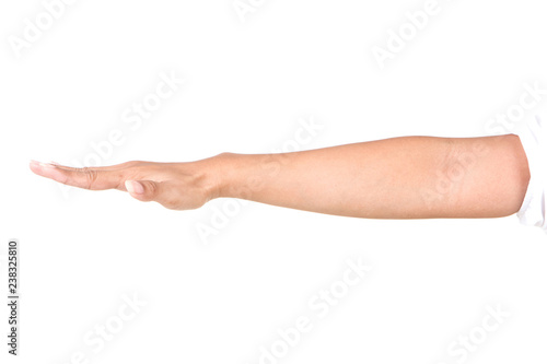 Female caucasian hand gestures isolated over the white background. © aekkorn