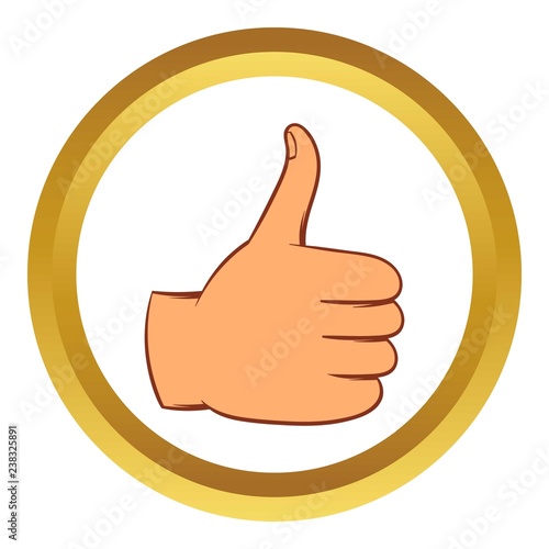 Thumb up gesture vector icon in golden circle, cartoon style isolated on white background