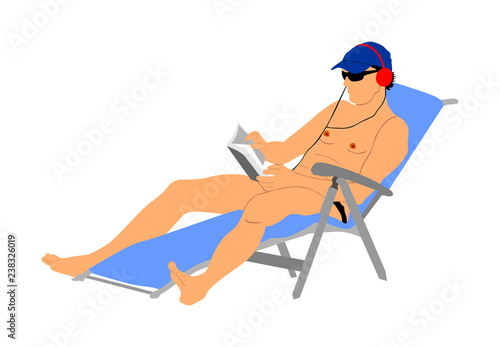Handsome man enjoying on the beach vector illustration. Relax in the pool. young successful man in sunglasses reading book and listening music at the hotel. Sunbathing and cool drink. Resort relaxing. © dovla982