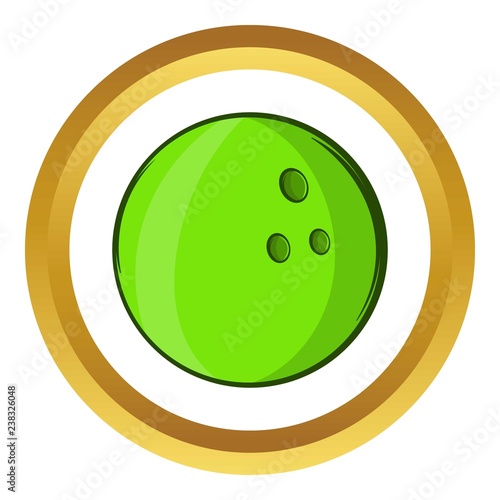 Bowling ball vector icon in golden circle, cartoon style isolated on white background