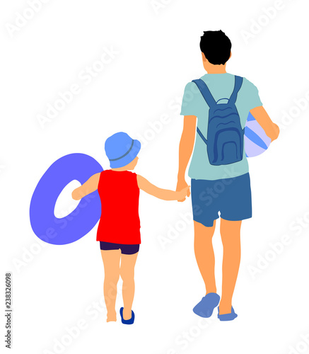 Father and  son go to swimming and sunbathing. Happy family enjoying on beach vector illustration. Family beach day. Child hand holding dad. Summer kids fun recreation. Boy with swim ring slag protect