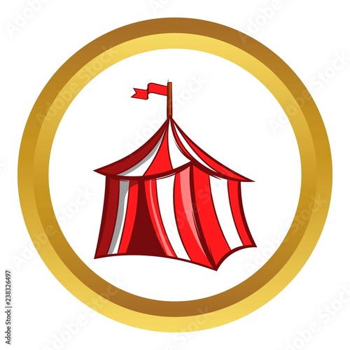 Medieval knight tent vector icon in golden circle, cartoon style isolated on white background