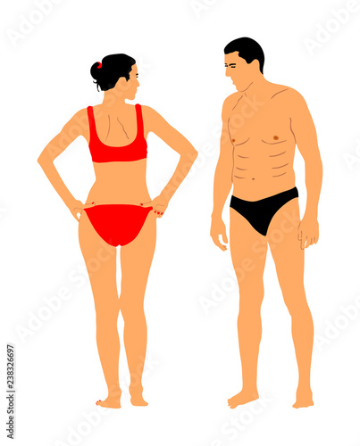 Couple in love on beach. Sexy suntan woman and man sunbathing in bikini vector illustration isolated on white. Fit body relaxing. Weight loss skin care sun protection. Active life. Summer time enjoy.