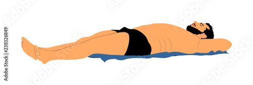 Sexy suntan beach man sunbathing in fashion bikini. Beautiful fit body relaxing. Weight loss or skin care sun protection concept. Vector illustration isolated on white. Macho man laying, play boy.