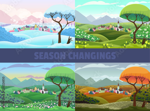 Four seasons of village view: spring, summer autumn and winter. Vector cartoon landscape
