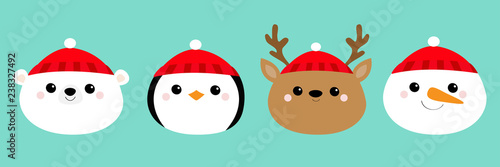 Merry Christmas. New Year. White polar bear Penguin Deer bird Raindeer Snowman round face head icon set. Cute cartoon funny kawaii baby character. Greeting card. Flat design Blue background.