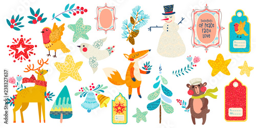 Christmas magic animal prints and other elements. Vector illustration.