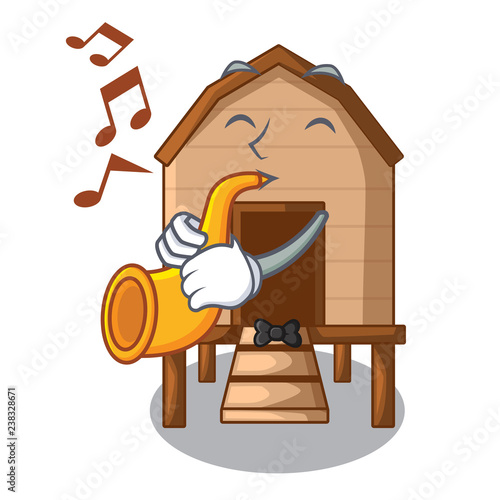 With trumpet chicken in a on charater coop