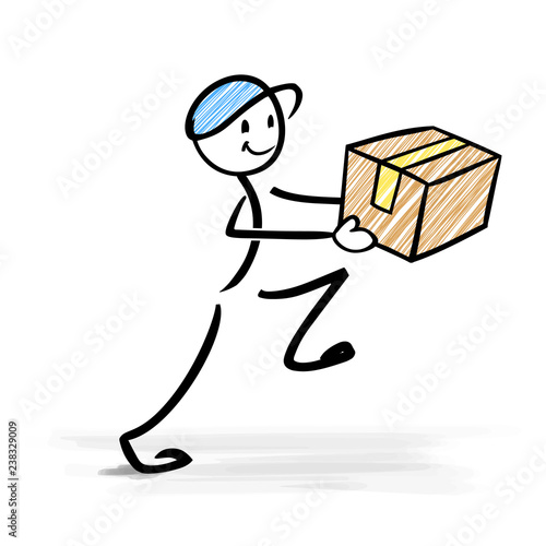 Happy delivery man holding a parcel  - stick figure 