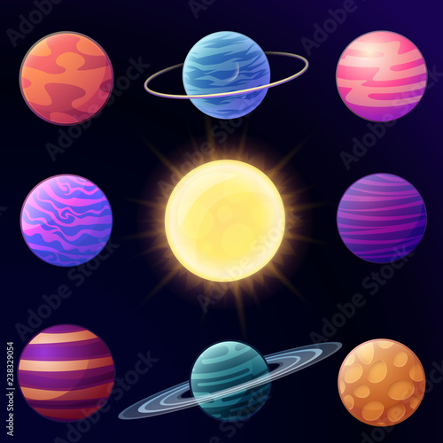 Set of cartoon glossy planets and space elements. Vector illustration