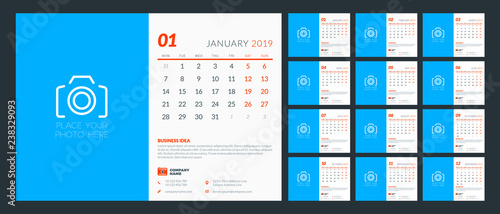 Desk calendar for 2019 year. Design template with place for photo. Week starts on Monday. Set of 12 pages and cover. Vector illustration
