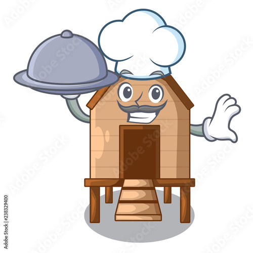 Chef with food chicken in a on charater coop