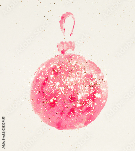Golden glitter on pink watercolor Christmas tree toy in vintage nostalgic colors.