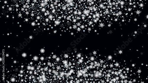 Glitter Snowflakes Background. Holiday Christmas card design. Card or banner with flakes confetti scatter frame, snow elements. Black base.