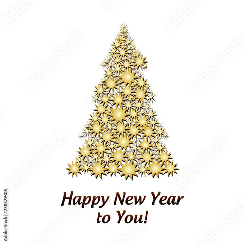 Gold Firtree made from Golden Stars isolated on whine and wish of Happy New Year, vector illustration