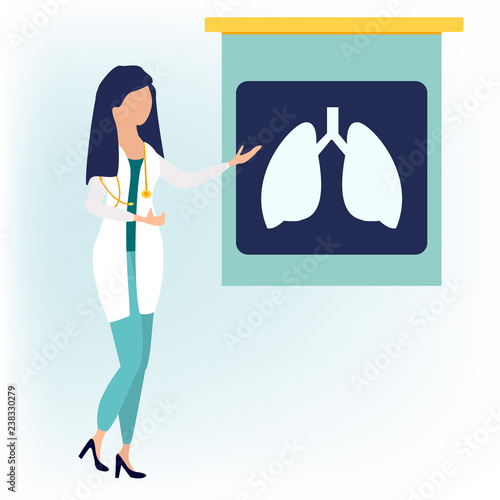Doctor woman character near fluorography or chest lungs x-ray. Medical concept vector illustration in flat cartoon style.