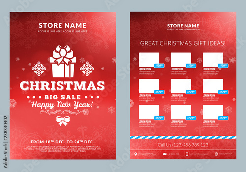 Christmas sale catalog design. Business flyer template. Vintage badge with winter background