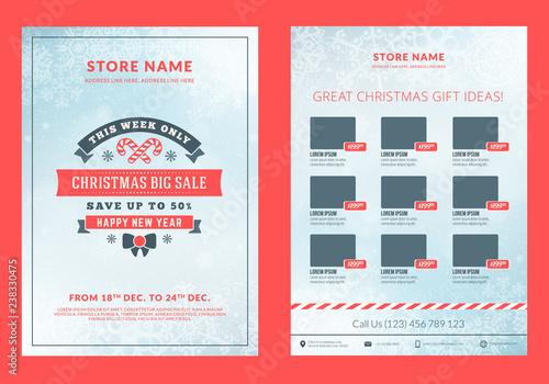 Christmas sale catalog design. Business flyer template. Vintage badge with winter background