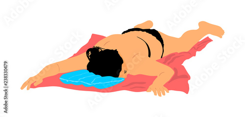 Sexy suntan woman lying on beach on a towel and sunbathing in fashion bikini. Beautiful girl fit body relaxing. Losing weight skin care sun protection. Summer relax. Lady enjoy by the sea. 
